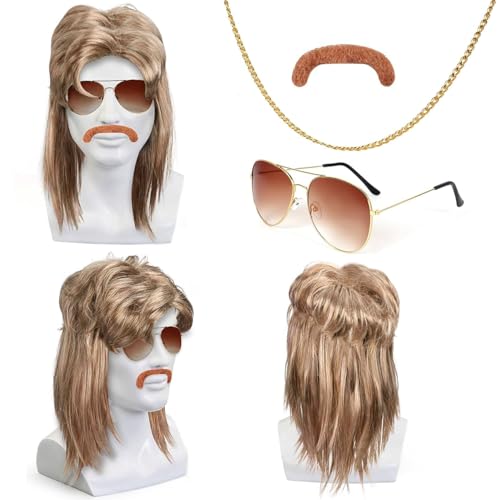LUCKNIGHT Perucas dos anos 80 para homem, peruca estilo Mullet, disfarce anos 80 homem, disfarce hippie cosplay penteado, aplicável a homens peruca de carnaval roupa para festas de Halloween