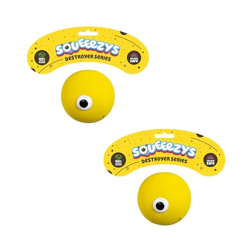 Image of SQUEEEZYS Monster Ball Yellow Squeaky Chew Toys for Dogs (Pack of 2), 100% Natural Latex Rubber, 100% Non-Toxic, 95% Biodegradable Squeaky Dog Toy, Perfect Dog Toys for X-Small-Small Breeds (0-10kgs)