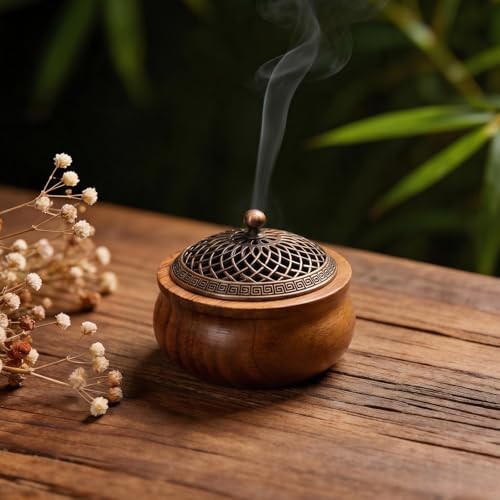 Wood Incense Burner-4 Round & Square Aroma Ash Tray with Metal Alloy Lid Dual-Purpose Holder for Incense Sticks and Cones Natural Meditation & Yoga Accessory Zen Home Decor Desk Ornam (Round-2)