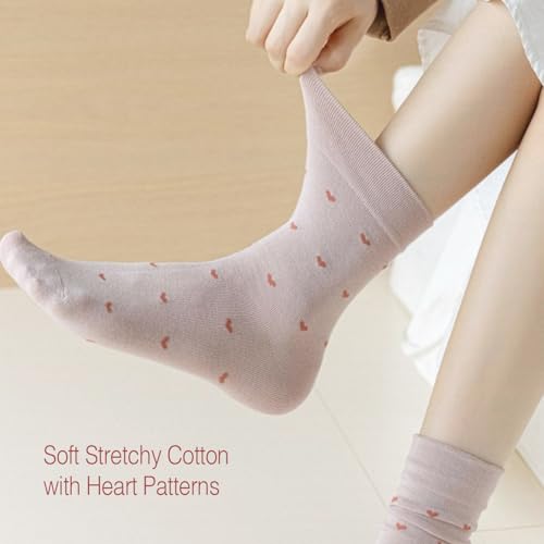 Image of Women's Cute Heart Pattern Crew Socks - 3 Pairs Colorful Novelty Gift Set - Soft Cotton Cozy Socks for Casual Wear