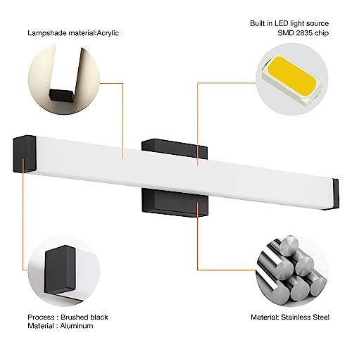 Image of Bathroom Vanity Light Brushed Nickel Square LED 24 inch 14W 4000K Natural White Light Wall Bar Lighting Fixtures Over Mirror (Matte Black, 24 inch 5CCTDimmable)