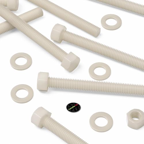 Image of 5X Natural Nylon PA66 Hex Head Plastic Bolts, Nuts & Washers, M12 x 150 mm, Fastener, (15 /32 x 5 29 /32 in)