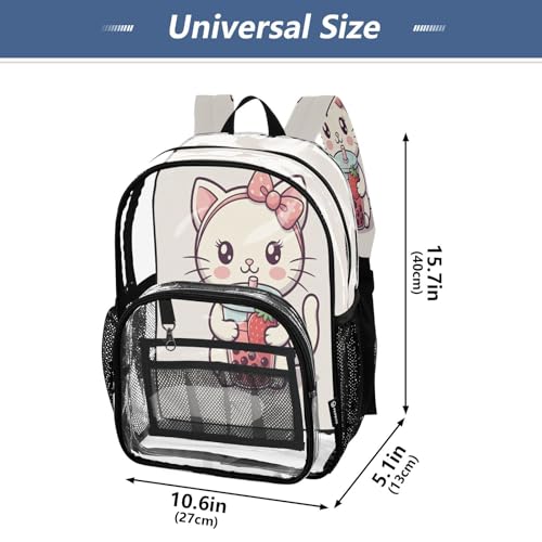 Bow Cat Drinking Milk Tea Clear Backpack with Back Print, Heavy Duty See Through Backpacks PVC Transparent Daypack for Travel Security4