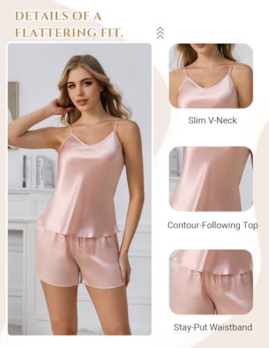 Image of THXSILK 100% Mulberry Silk Women Cami Pajama Set, Tank Top with Shorts Sleepwear, Adjustable Spaghetti Straps, Luxury Pj Set