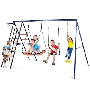 Swing Set for Backyard – 6 in 1 Multifunction Kids Swing Set Heavy Duty 550 lbs Outdoor Extra Large Metal Swing Frame with 3 Adjustable Swing Climbing Net Ladder Basketball Hoop