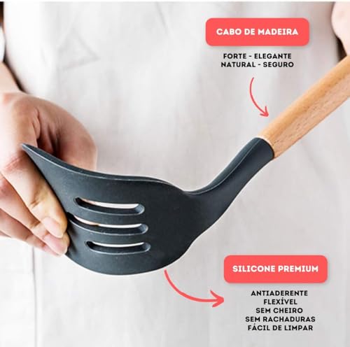 Utensílios Cozinha 12 Peças Kit Silicone Cabo de Madeira Antiaderente Colher Copo Suporte Preto