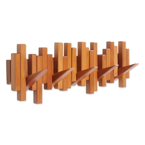Acsigesn Wooden Coat Rack Wall Mounted Sticks Multi Rack Solid Handmade Natural Cherry Wood Artwork with 5 Flip-Down Unique Modern Hooks for Coats Bag Hat Umbrella