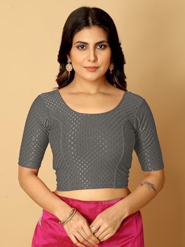 Image of Amazon Brand - Anarva Round Neck Dobby Cotton Lycra Stretchable Elbow Half Sleeve Readymade Saree Blouse for Women Stylish