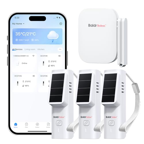 BaldrTherm Solar WiFi Thermometer Sensor, Smart Wireless Temperature Humidity with App Notification Alert, Date Storage, Remote Monitor for Room Greenhouse, 3pack