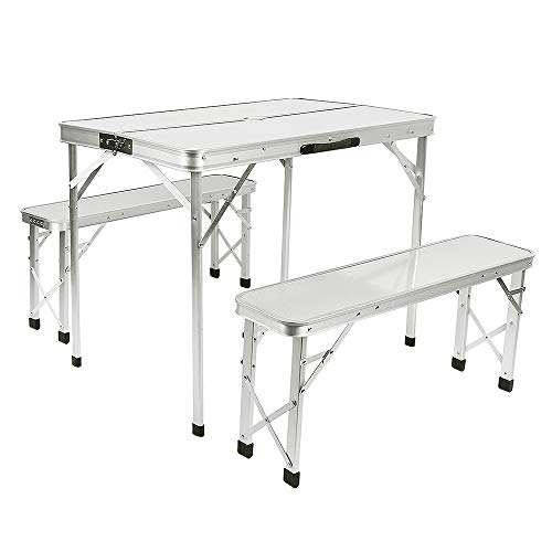 LANTUS Mesa Maleta de Camping Plegable Portátil con 4 Asientos y Agujero para Sombrilla Estructura de Aluminio para Playa Picnic 136x85,5x66 cm Plata-90 * 60 * 70 cm (Blanco Plateado)