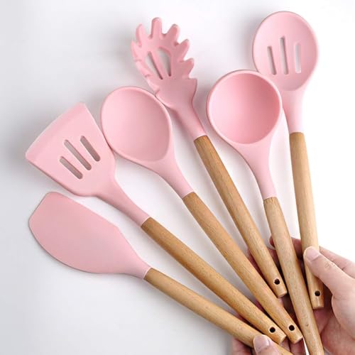 Image of Sakoraware Silicone Kitchen Utensils Spoon Spatula Cooking 12 Pcs Set | Baking Set | Non-Stick with Wooden Handle- BPA Free, Heat Resistant Item Flexible Non Toxic Silicon Cookware Tools with Holder