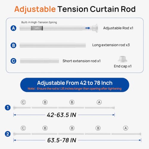 Image of ALLZONE Adjustable Tension Curtain Rod, 2 Pack 42 to 78 Inches, Spring Loaded Curtain Rods No Drilling, Renter Friendly Tension Rod for Windows, Shower, Closet, No Drill, Non-Slip, White
