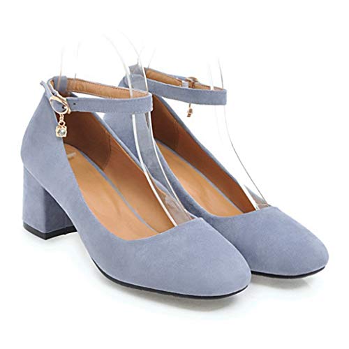 MIOKE Women's Chunky Mid Block Heel Pumps Suede Round Toe Ankle Strap Comfort Elegant Office Dress Shoes2