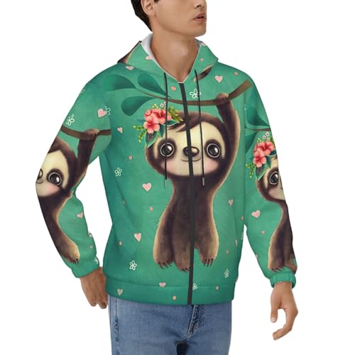 Sweat à capuche paresseux imprimé mignon zippé à poches