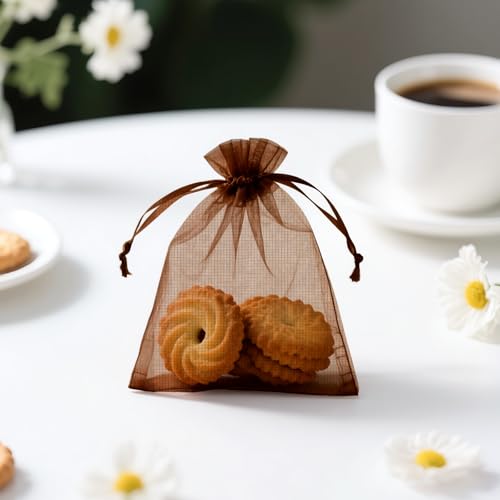 Image of joycraft 50Pcs Coffee Brown Organza Bags - 2.7x3.5 In Holiday Sheer Drawstring Pouch, Small Jewelry Organza bags for Wedding Favor, DIY Craft, Christmas, Thanksgiving