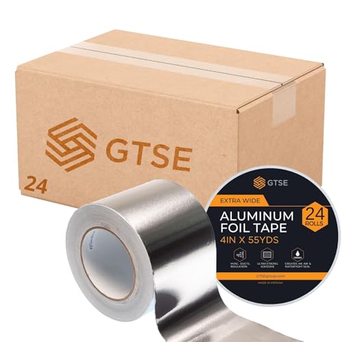 Image of GTSE Wide Aluminum Foil Tape, 24 Rolls Bulk Contractors Pack, 4 inches x 55 Yards (164 ft), Multi-Purpose Silver Metal Tape, Strong Adhesive, Full Carton