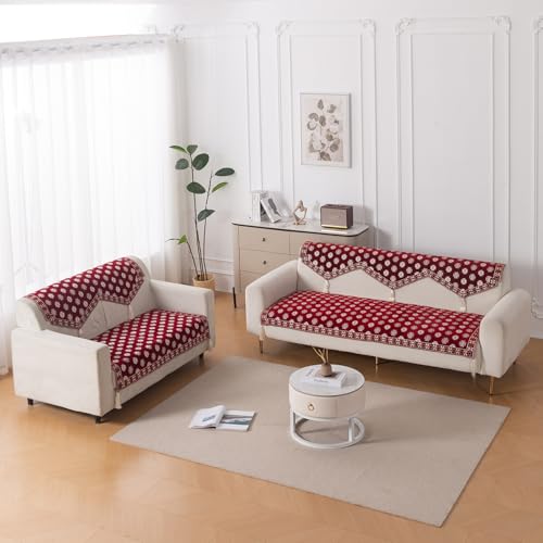 HOKIPO 'Heritage Weave' Premium Jacquard Sofa Cover 3 Seater and 2 Seater Set with Tassels – Washable 5 Seater Sofa Cover (3+2) for Seat & Back | Crimson Red (IN-831-859 + IN-830-858-MRN)