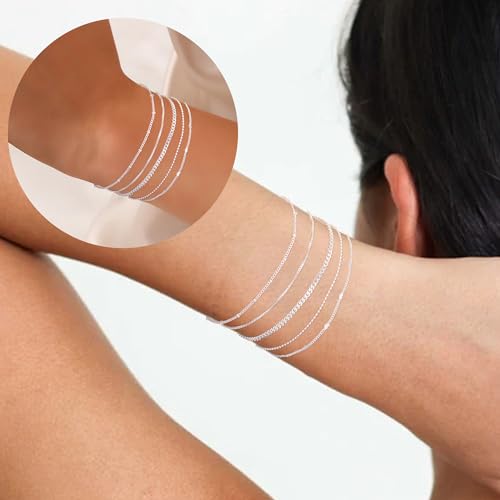 S925 Sterling Silver Bracelets Set for Women, Dainty Silver Bracelets for Women Trendy Bracelet Pack for Women, Cute Stack Sliver Bracelets Fashion Simple Silver Jewelry Gifts 5