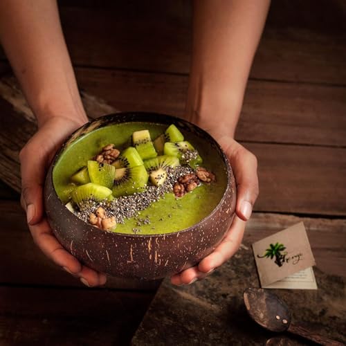 Image of Thenga Jumbo 900ML Artisan Coconut Shell Bowls & Spoon Set | Eco-Friendly Handmade Wooden Bowls for Smoothie, Salad, Breakfast, Buddha Bowls & Meals | Set of 20 from Kerala