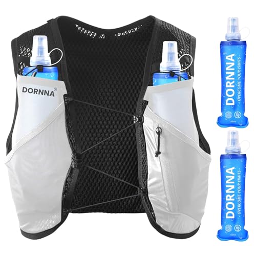 DORNNA Light Edition V1 – Chaleco Hidratación Trail Running + 2 Soft Flask 500ml, Mochila de Correr para Hombre y Mujer, Bolsillo Trasero para Vejigas de hasta 2L. (Blanco, XS-S)