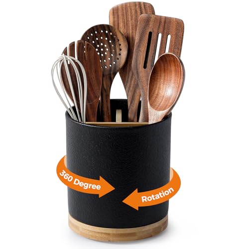 Image of LoeJan 3 Compartment Utensil Holder, Extra Large Utensil Crock, Stable Ceramic Utensil Organizer, Cooking Tool Organizer Set for Kitchen Counter Farmhouse Decor,Textured Black