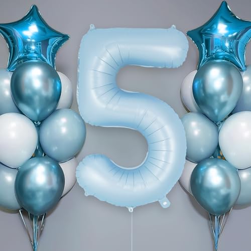 Image of Light Blue Number 5 Balloon, 40 Inch Big Large Foil Number Balloons, Giant Mylar Number 5 Balloons for 5 Year old Birthday Baby Party Decorations Supplies Anniversary