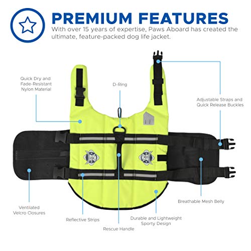 Paws Aboard Dog Life Jacket, Fashionable Dog Life Vest for Swimming and Boating - Neon Yellow