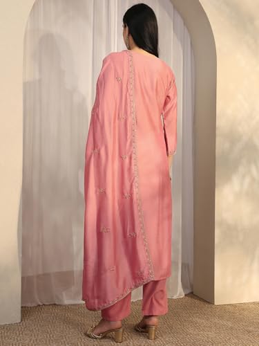 Image of Libas Embroidered Silk Blend Straight Kurta With Trouser and Dupatta
