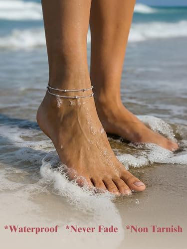 Image of FOCALOOK 14K Gold Plated Anklets for Women Waterproof Plus Size Ankle Bracelet 8.5-10.5 Inch Adjustable Mariner /Figaro /Flat Snake /Cuban Link Chain Anklet Jewelry for Summer Beach Holiday