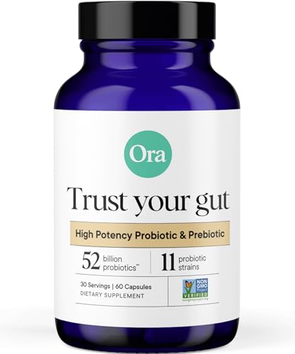 Ora Organic Probiotics with Prebiotics - 52 Billion CFU 11 Clinically Studied Strains for Digestive Health Trust Your Gut Gluten Free 60 Capsules