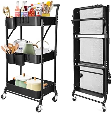 Amatic 3 Tier Folding Rolling Cart, Foldable Metal Utility Cart Organizer with Wheels, Collapsible Rolling Storage Cart with 3 Hanging Cups & 6 Hooks for Kitchen, Laundry Room, Office (Black)