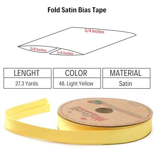 Image of Fold Satin Bias Tape - 99+ Colors - 3 /4 Inches Wide - 27 Yards - Fold Satin Binding Bias Ribbon Fabric Piping Bias Binding Tape for Sewing Clothing DIY (48. Light Yellow) BYS48