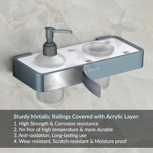 Image of Plantex Aluminium and Acrylic 2 in 1 Shampoo Dispenser with Toothpaste Holder /Liquid Soap Dispenser with Tumbler Holder /Bathroom Accessories - (Grey and Milky White)
