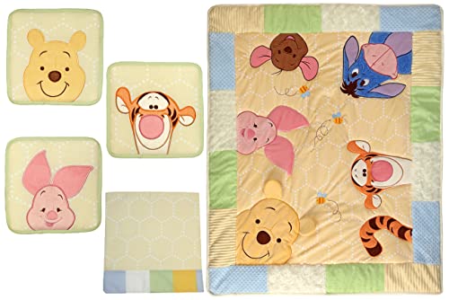 Image of Disney Winnie The Pooh Peeking Pooh 7 Piece Nursery Crib Bedding Set - Appliqued/Textured Quilt, 2 100% Cotton Fitted Crib Sheets, Crib Skirt with 16" Drop, 3 Soft Wall Hangings