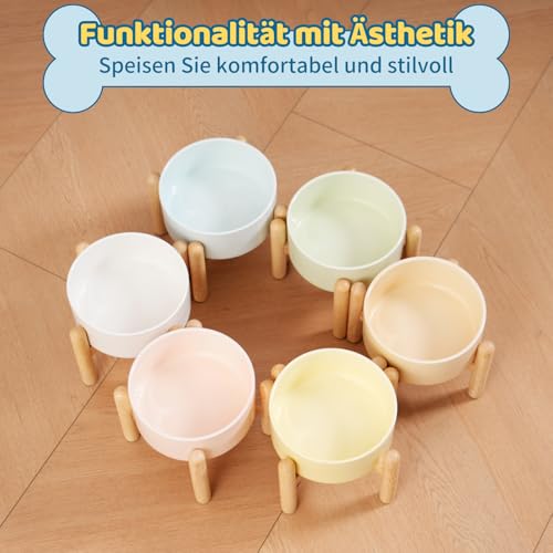 Hundenapf Keramik Futternapf Hund Erhöht - Hundefressnapf mit Rutschfestem Holzständer - Ideal für Kleine und Mittelgroße Hunde - 800 ml - Weiß