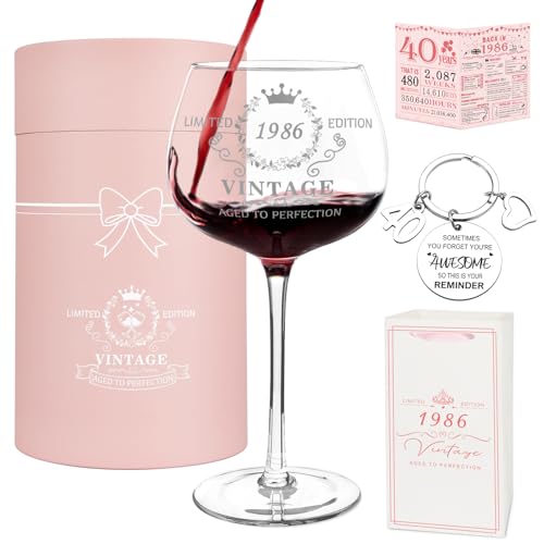 Vanqruo 40th Birthday Gifts for Women Vintage 1986 Platinum Print Wine Glass 40th Birthday Decorations for Women Happy 40 Year Old Gift Ideas for Her Wife Friends - 16Oz Wine Glass