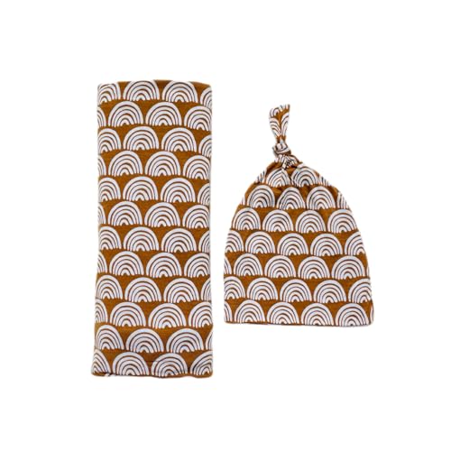 Image of Little Sleepies Swaddle & Hat Set, Baby Swaddles Newborns, Soft Viscose from Bamboo Swaddle Blanket Wrap (Rust Rainbows)