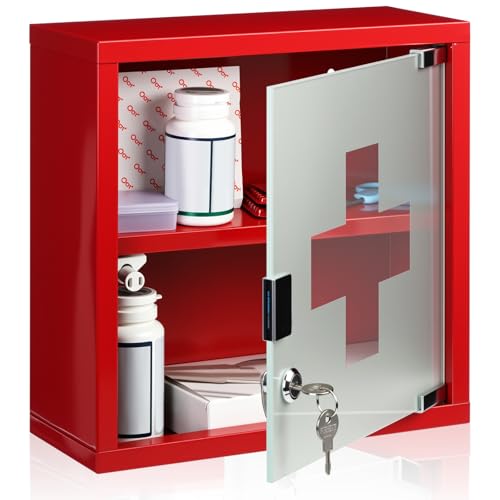Timgle First Aid Wall Cabinet with Lock Medicine Wall Mounted Bathroom Storage Hanging Medical Cabinet with Safety Glass Door for Bathroom(2 Shelves Red)