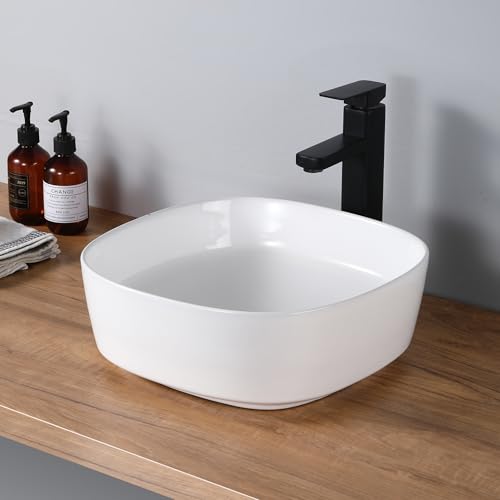 DILECI - Vasque à Poser Salle de Bain Blanche - Lavabo Design Carré avec Courbes Arrondies - Élégance Moderne et Finition Luxe - Facile à Installer et Entretenir -...