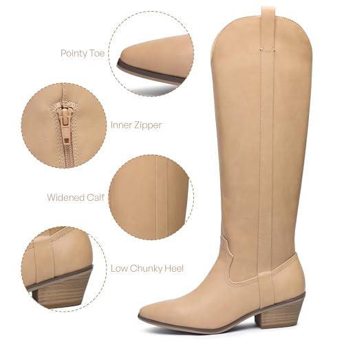 festooning Women's Knee High Boots Pointed Toe Inner Zipper Western Cowboy Boots Pull On Chunky Heel Wide Calf Tall Boots for Ladies3