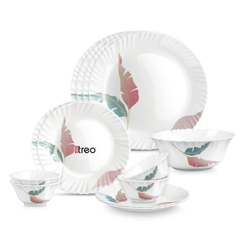 Image of Treo by Milton Opalware Aurelia Palma Dinner Set of 13 | Serving for 4 | Microwave & Dishwasher Safe | Bone-Ash Free | Tempered Toughness | Plates & Bowls | Crockery Set for Dining & Gifting