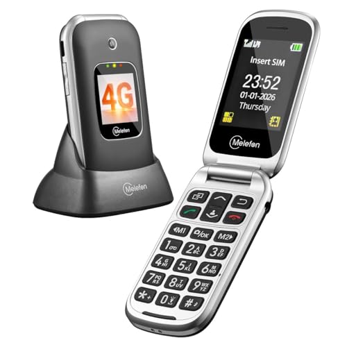 Melefon 4G Flip Mobile Phone For Elderly,Big Button Phone,Louder Volume, 2.4+1.44 Inch Screen, SIM Free Unlocked,SOS Button,USB Type C,Charging Dock