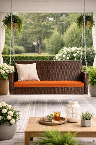 Image of Carry Bird Rattan Wicker Two Seater Swings with Cushion, Brown, 120x60x60 cm, Garden Porch Hammock for Adults (Orange Cushion, 2 Seater Prouch Swing, Leather Brown Prouch Swing)