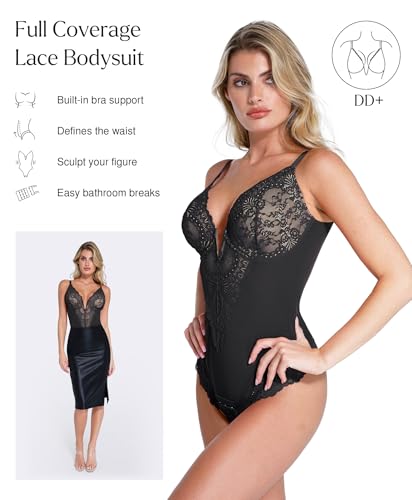 Popilush Shapewear Bodysuit for Women Lace Corset Tops for Large Bust Tummy Control Low Back V Neck Thong Bodysuits3