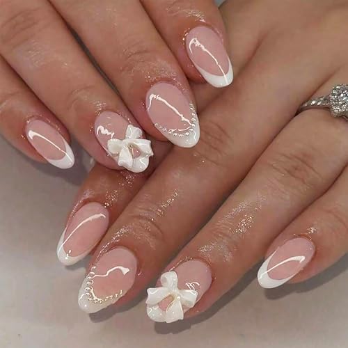 24Pcs White French Tip Press on Nails Short Almond Fake Nails wit...