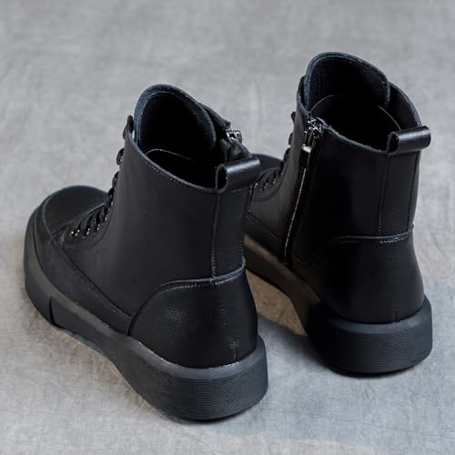Womens Genuine Leather Lace Up Side Zipper High-Top Ankle Boots Retro Round Toe Platform Adds Height Fashion Combat Booties 6