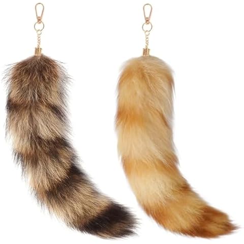 Alpertie 2PCS Fluffy Raccoon Tail Keychain, Soft Real Fur Therian Tails Cosplay Toy Halloween Party Bag Charm Handbag Accessory Hook Pendant(11.8in,Brown&Yellow) Cover