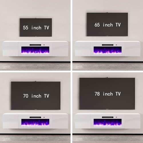 Image of AMERLIFE Floating TV Stand with 36 inch Electric Fireplace, High Gloss Finish Wall Mounted Fireplace Entertainment Center with Storage for TVs Up to 78 inch, All White