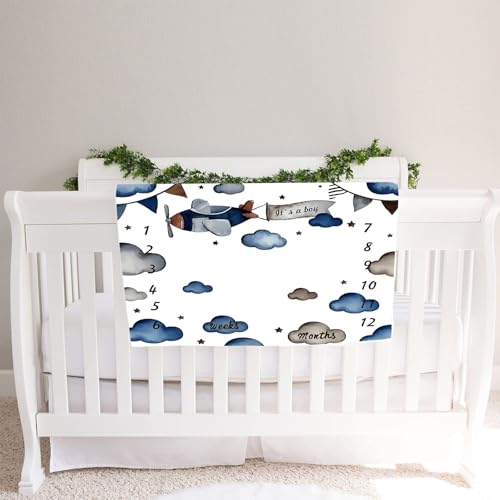 Image of Airplane Theme Baby Monthly Milestone Blanket for Boys, Soft Flannel Aircraft Pilot Cloud Stars Pattern Photography Prop Baby Shower Age Newborn Mom Gifts Nursery Decor (Gray Blue, 60x40in)