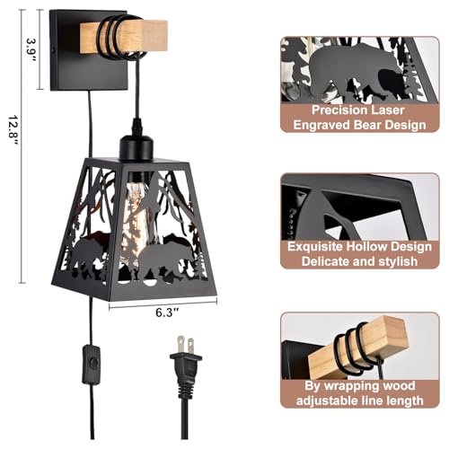 Image of Plug in Wall Sconces Set of 2,Bear Matte Metal Rustic Sconces Wall Lighting,Black Farmhouse Wall Sconces,Bathroom Light Fixtures Indoor,Industrial Wall Lamps for Bedroom,Living Room,Bedside
